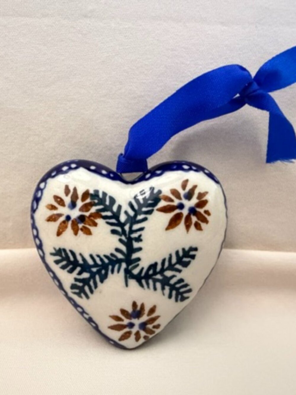 Polish Blue Rose Pottery Heart Ornament